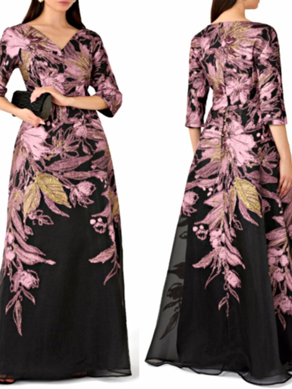 TERI JON Shimmering Metallic Jacquard Floral V-Neck Gown sz 20 $1330